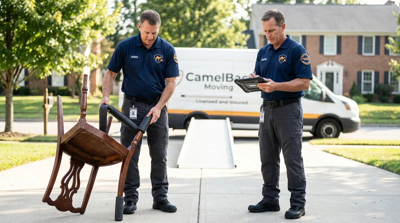 Movers inspecting furniture for damage prevention before loading in Olney, MD